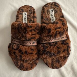 Fabletics Leopard Print Fuzzy Slipper Sandals
